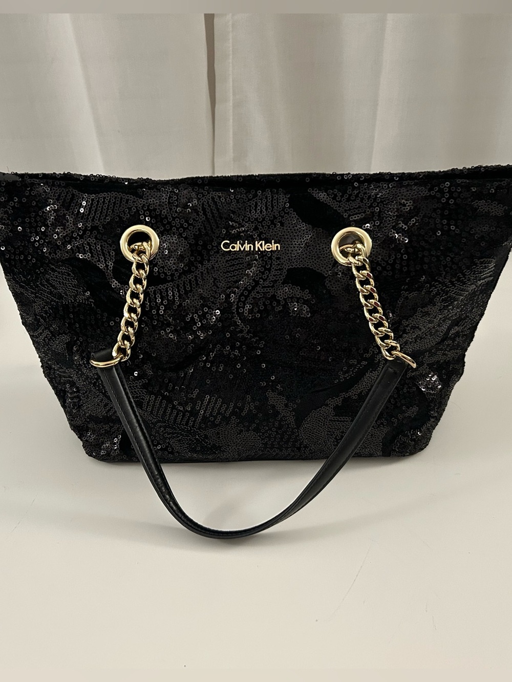 Calvin Klein Black Sequin Tote with Gold Chain Straps